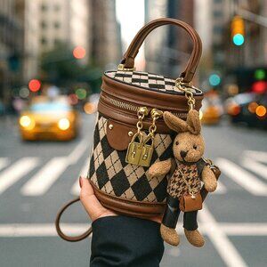 Chic Argyle Bucket Bag w/ Cute Matching Bunny Charm & Adjustable Strap